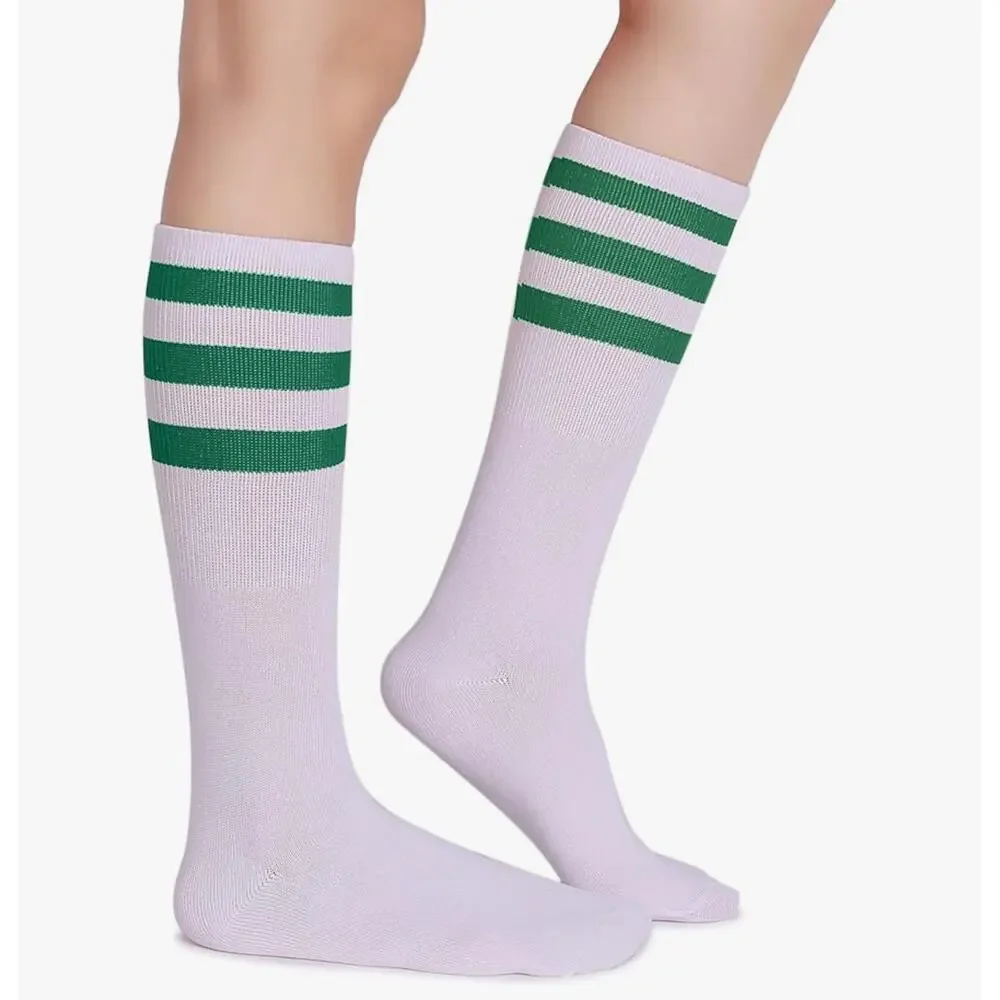 Classic Triple Stripes Soft Cotton on the Calf Retro White/Green Tube Socks READ